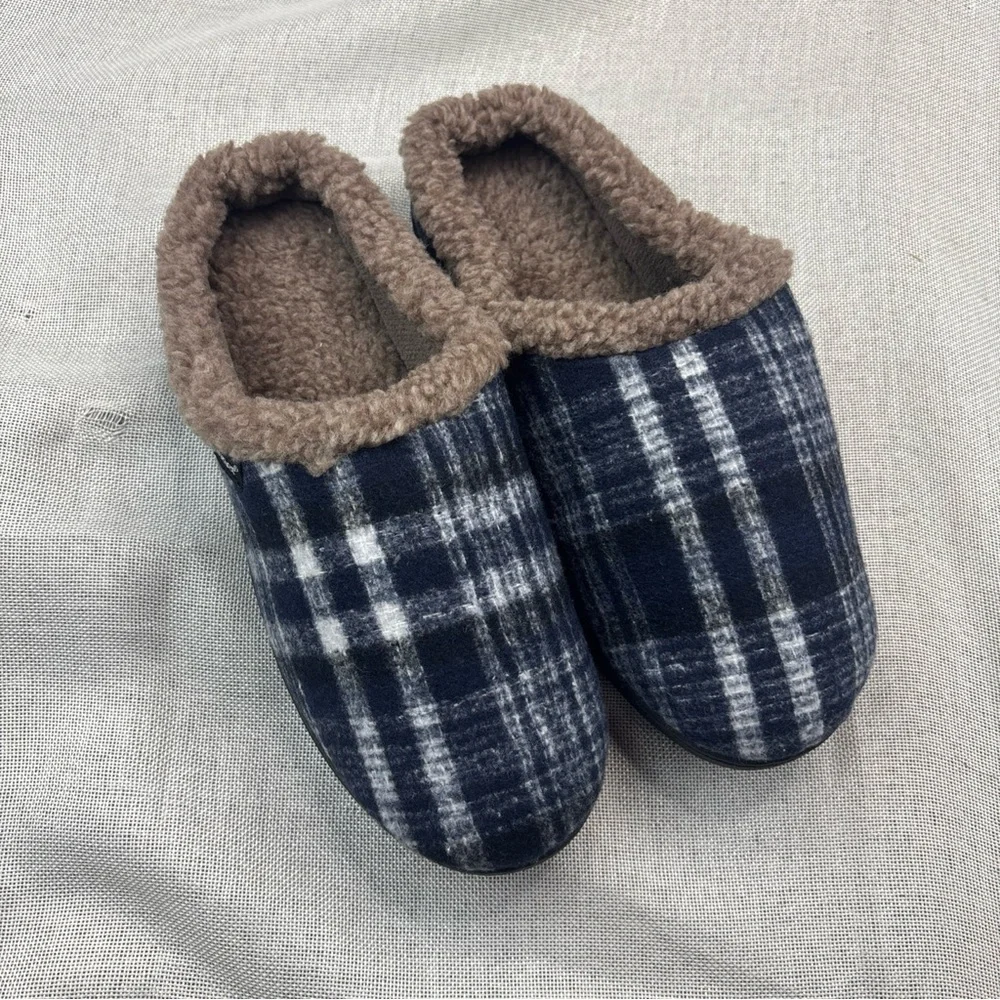 Mens Plaid Hoodback Slipper, Navy Blue, Medium 8-9